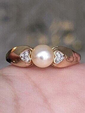 Antique 10K Gold Pearl And Diamond Hearts Rings